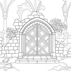 Ancient gates with ruins of castle, plants, arches, pillars, sky on white isolated background. Hand drawn fantasy architecture. For coloring book pages.