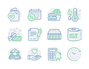Business icons set. Included icon as Toilet paper, Calendar discounts, Court building signs. Hold heart, Calculator alarm, Verification document symbols. Burger, Thermometer, Mattress. Vector