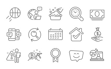 Smile face, Basketball and Search line icons set. Reward, Smartphone sms and Cash money signs. Income money, Bitcoin mining and Calendar symbols. Line icons set. Vector