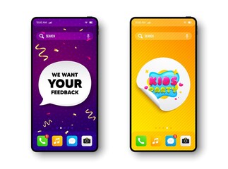 Kids party sticker. Phone mockup vector confetti banner. Fun playing zone banner. Children games party area icon. Social story post template. We want your feedback speech buuble. Vector