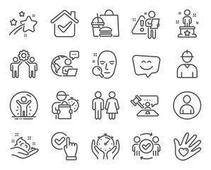People icons set. Included icon as Recovered person, Smile face, Approved teamwork signs. Timer, Social responsibility, Restroom symbols. Face search, Employees teamwork, Avatar. Checkbox. Vector