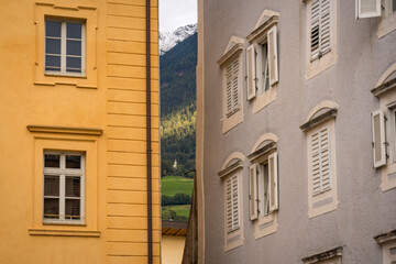 Fototapeta premium church in the mountains between close up houses