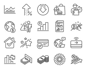 Finance icons set. Included icon as Download arrow, Global business, Atm money signs. Report document, Fan engine, Savings symbols. Decreasing graph, Trade infochart, Contactless payment. Vector