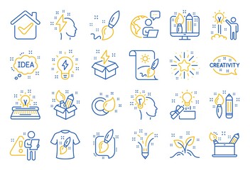 Fototapeta na wymiar Creativity brush line icons. Set of Design, Idea and Inspiration linear icons. Imagination, Idea box and Creative design. Brush with draw pencil, T shirt and Out of the box creativity. Vector