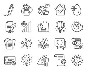 Science icons set. Included icon as Share idea, Technical documentation, Question mark signs. Feather signature, Idea, Web settings symbols. Documents, Freezing water, Cogwheel. Signature. Vector