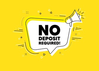No deposit required. Megaphone yellow vector banner. Promo offer sign. Advertising promotion symbol. Thought speech bubble with quotes. No deposit required chat think megaphone message. Vector