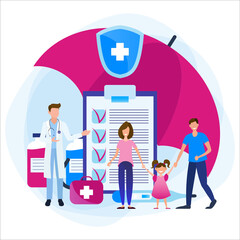 Health insurance. Health care and medical service concept. Family and doctor under an umbrella with medications and documents.