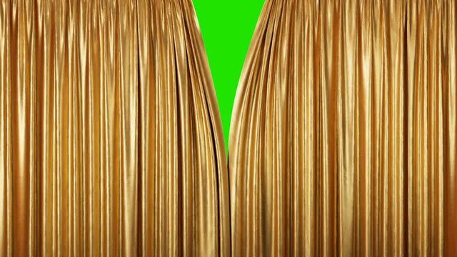 Golden theater curtains in motion. Opening and closing curtains with green chroma key