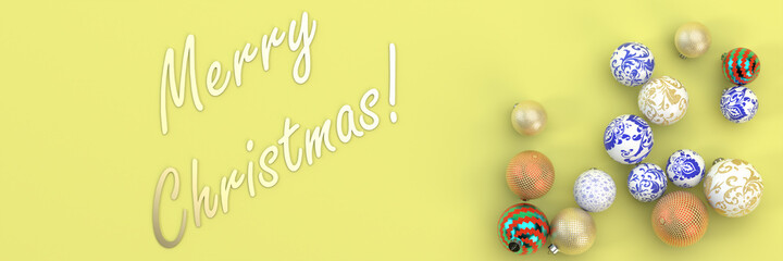 Colorful christmas balls and title Merry christmas on a yellow background. 3d render