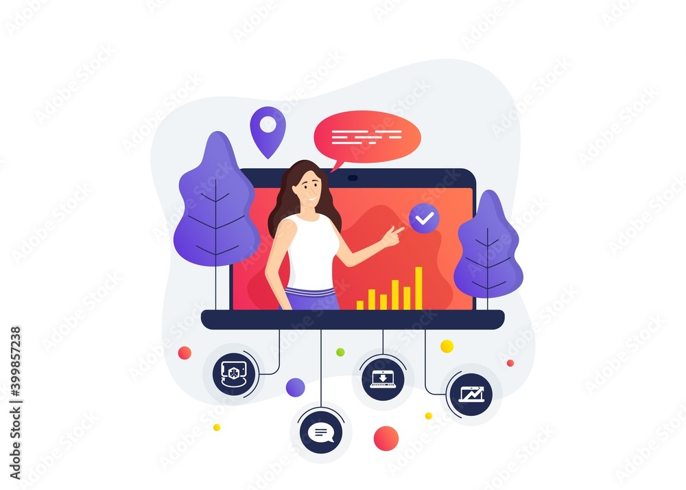 Poster internet downloading, augmented reality and chat icons simple set. online course banner. remote educ
