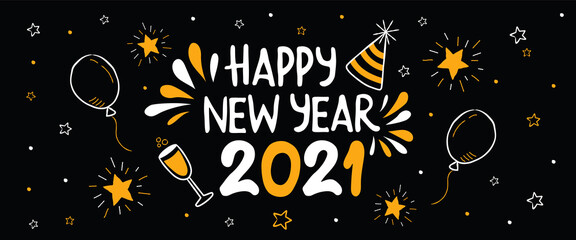 Happy New Year 2021 fun gold party doodle banner
