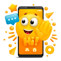 Hi sticker. Yellow cartoon emoji character. Smartphone application template.