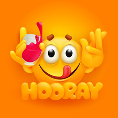 Hooray greeting card. Cute emoji cartoon character with glass of red wine on yellow backround