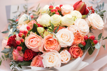 Beautiful bouquet flower for wedding background.  Flat lay. Nature concept. Floral Greeting card. Colorful spring flower background, space for text. Nature Trendy Decorative Design.