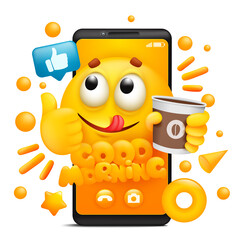 Good morning sticker. Yellow cartoon emoji character. Smartphone application template.