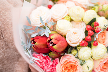 Beautiful bouquet flower for wedding background.  Flat lay. Nature concept. Floral Greeting card. Colorful spring flower background, space for text. Nature Trendy Decorative Design.