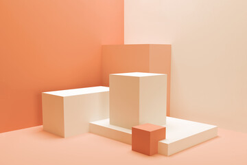 Abstract composition of geometric shapes. Empty pedestals for presentation. Minimalistic 3D render in coral shades. Mockup.