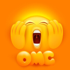 OMG card. Crying emoji cartoon character on yellow backround