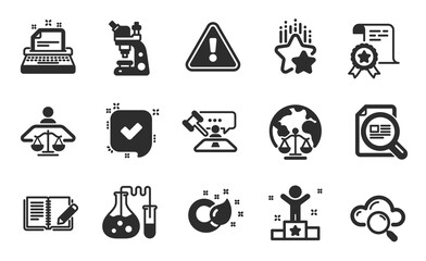 Chemistry lab, Typewriter and Judge hammer icons simple set. Check article, Ranking stars and Confirmed signs. Microscope, Court judge and Paint brush symbols. Flat icons set. Vector