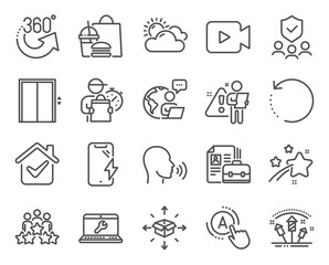 Business icons set. Included icon as Video camera, Vacancy, Sunny weather signs. Laptop repair, Security agency, Ab testing symbols. Human sing, Lift, Smartphone charging. Recovery data. Vector