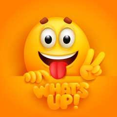 Whats up card. Cute emoji cartoon character on yellow backround