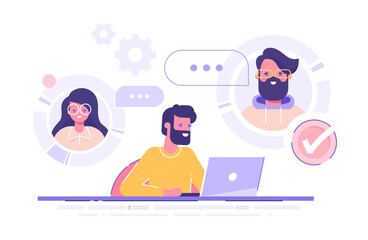 A man is working from home and meeting up with his team, colleagues or friends online via conference video call. Working from home, remote project management, quarantine. Vector illustration.