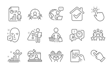Business meeting, Face accepted and Time management line icons set. Touchpoint, Hold document and Rotation gesture signs. Business report, Winner and Hold box symbols. Line icons set. Vector