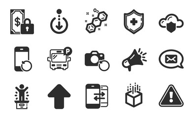 Winner podium, Upload and Megaphone icons simple set. Recovery photo, Medical shield and Scroll down signs. Private payment, Phone communication and Recovery phone symbols. Flat icons set. Vector