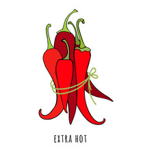 A bunch of red hot peppers. Vector outline drawing of cayenne peppers. Design element for condiments or sauces.