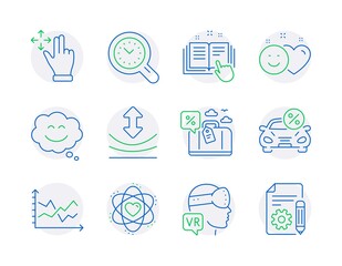 Technology icons set. Included icon as Travel loan, Move gesture, Technical documentation signs. Smile chat, Diagram chart, Atom symbols. Augmented reality, Car leasing, Resilience. Smile. Vector