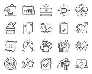 Business icons set. Included icon as Employees teamwork, Natural linen, Sea mountains signs. Smartphone, Checklist, Laptop insurance symbols. Sms, Ice cream, Contactless payment. Calendar. Vector
