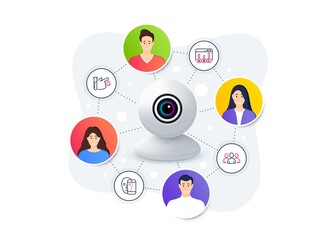 Set of Business icons, such as Blood donation, Group, Survey results symbols. Web camera remote streaming. Online video conference banner. Face biometrics line icons. Vector