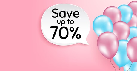 Save up to 70 percent. Pink balloon vector background. Discount Sale offer price sign. Special offer symbol. Birthday balloon background. Discount speech bubble. Celebrate pink banner. Vector