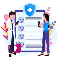 Online health insurance. Health care and medical service concept. Woman and doctor with medications and documents.