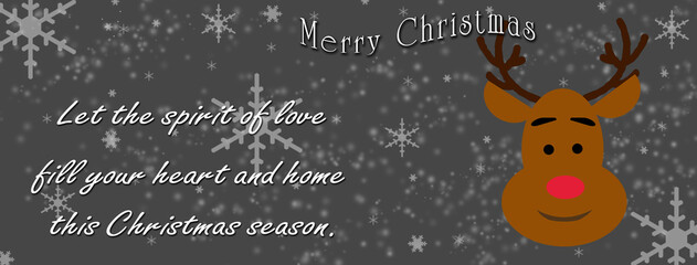 Christmas banner, card withe a reindeer and christmas wishes on gray bakcground with a glow and snowflakes.