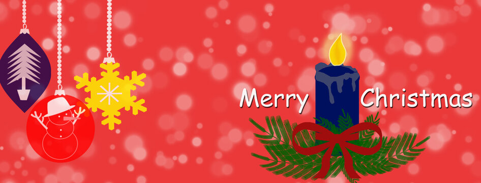 Christmas banner, card with christmas headdress and christmas boubles on coral background with a glow.