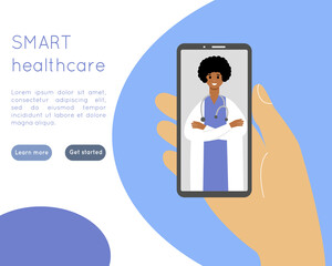 Online medicine and smart healthcare concept illustration with videocalling on smartphone. Online medical advise or consultation service, tele medicine. Vector illustration for websites.