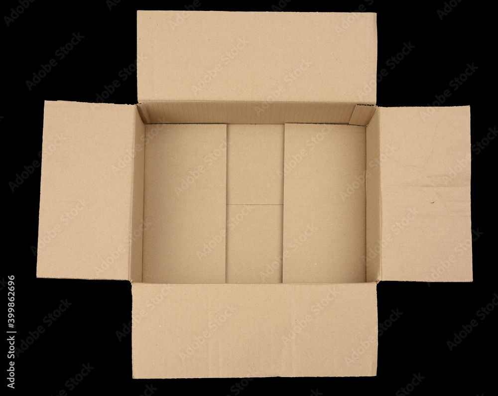 Poster open empty brown rectangular cardboard box for transporting goods