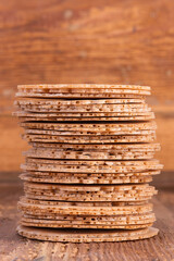 Stack of Round Biscuits On Wooden Board Table