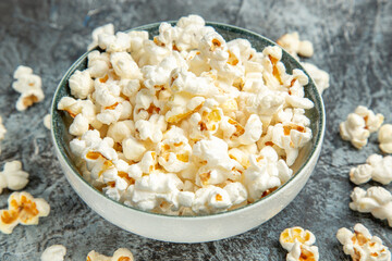 front view fresh popcorn for movie on light background snack rusk cips