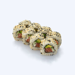 Japanese cuisine. Sushi roll on white background.