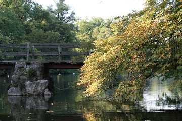 Fototapeta na wymiar Old wooden bridge across the river on concrete pillars.