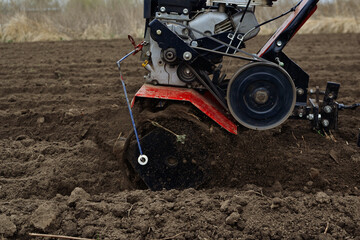 Motor cultivator for digging up the earth. Spring planting and digging in the damp earth.Garden and...