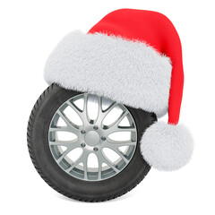 Car wheel with Santa Claus red Christmas hat. 3D rendering