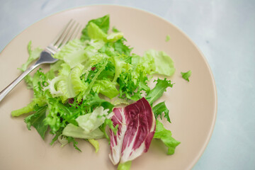 
Beige plate with salad on a blue background