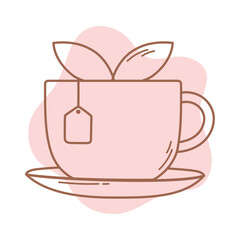 tea cup with teabag and leaf herbal icon line and fill