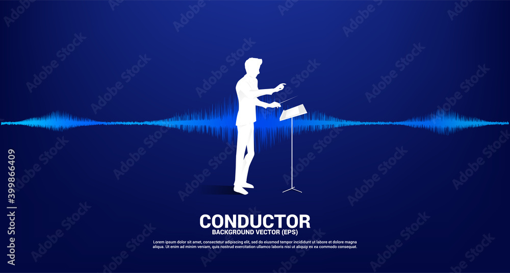 Poster vector silhouette of conductor with sound wave music equalizer background. concept background for cl