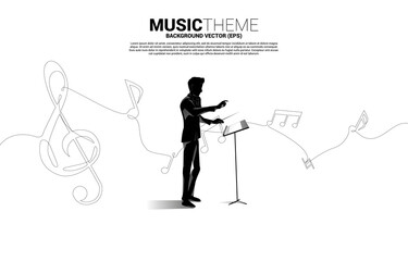 Vector silhouette of conductor with music melody note dancing flow from single line . Concept background for song and concert theme.