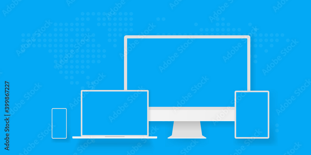 Poster white desktop computer display screen smartphone tablet portable notebook or laptop. outline mockup 
