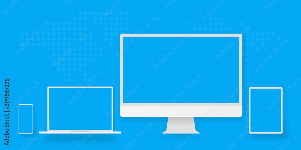 Poster white desktop computer display screen smartphone tablet portable notebook or laptop. outline mockup 